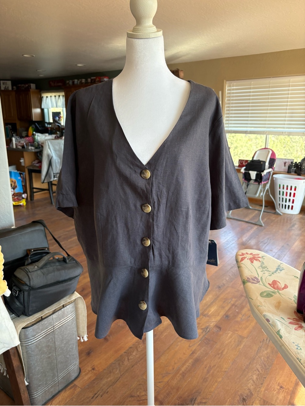 Angels Charcoal Button-Front V-Neck Blouse